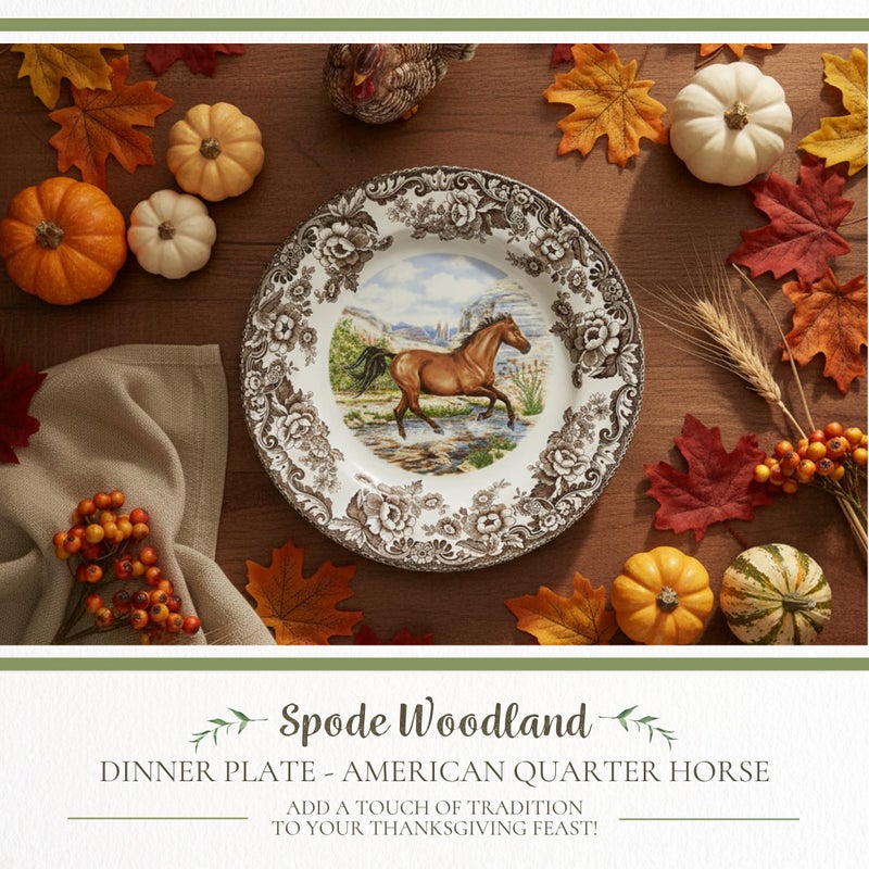 Spode Woodland American Quarter Horse Dinner Plate - 10.5 Inch Fine Earthenware with 1831 British Flowers Border, Microwave, Oven, Freezer & Dishwasher Safe - Made in England, Equestrian Tableware - Image 2